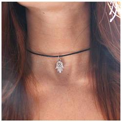 TseanYi Short Suede Chker Necklace Black Dangle Hamsa Necklace Chain Minimalist Necklaces Vintage Neck Chain Jewelry for Women and Girls (Silver eye)