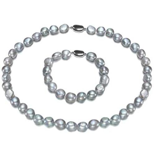 8.5-9.5mm Gray Baroque Freshwater Cultured Pearl Necklace and Bracelet Set AA+ Quality with Sterling Silver Clasp - PremiumPearl