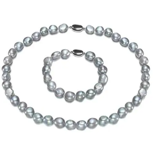 8.5-9.5mm Gray Baroque Freshwater Cultured Pearl Necklace and Bracelet Set AA+ Quality with Sterling Silver Clasp - PremiumPearl 8.5-9.5mm Gray Baroque Freshwater Cultured Pearl Necklace and Bracelet Set AA+ Quality with Sterling Silver Clasp - PremiumPearl