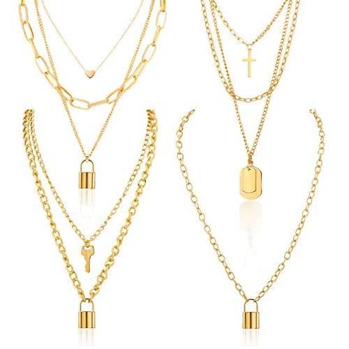 4 Pieces Multi-Layer Chain Necklace Statement Lock Key Pendant Adjustable Punk Chain Choker for Men, Women and Girls