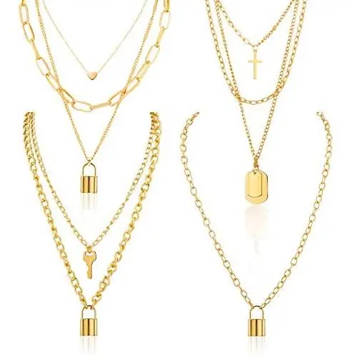 4 Pieces Multi-Layer Chain Necklace Statement Lock Key Pendant Adjustable Punk Chain Choker for Men, Women and Girls