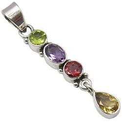 SilverStarJewel Natural Faceted Multistones Long Pendant 1.8'' 925 Solid Silver Art Gemstone