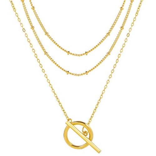 YEEZII Layered Necklace for Women Girls, 18k Gold Plated Dainty Layered Choker Necklace Handmade Coin Paperclip Pendant Adjustable Layering Chain for Women Girls Jewelry Gift (C)