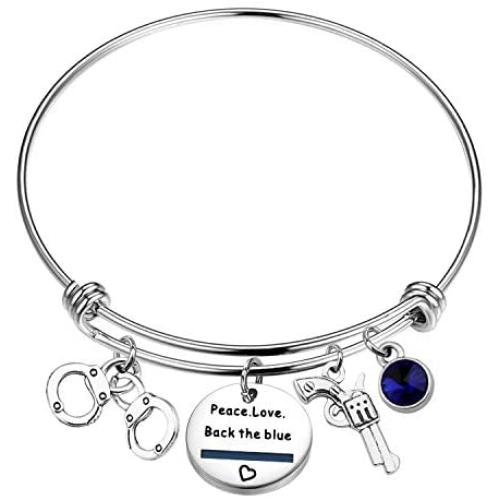 CENWA Police Wife Police Mom Jewelry Peace Love Back The Blue Bracelet Thin Blue Line Shield Leo Police Academy Gift