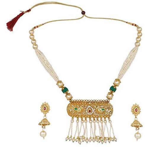 Efulgenz Indian Bollywood Traditional 14 K Gold Plated Crystal Kundan Pearl Beaded Wedding Temple Tassel Choker Necklace Earrings Jewelry Set