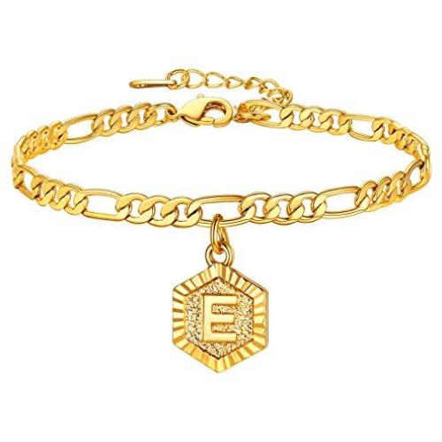 U7 Monogram A-Z Ankle Bracelets for Women Men 18K Gold Plated 4.5mm Figaro Chain Initial Anklet Name Bracelet with Letter Alphabet Foot Jewelry with 2 Inch Extender,with Custom Engrave,Gift Packed