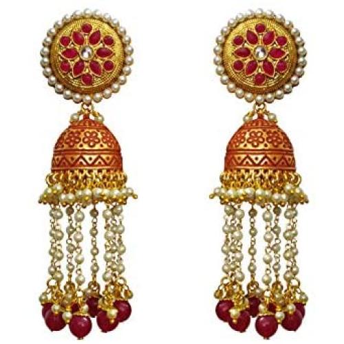 Babosa Sakhi Meenakari Jhumki Earring Indian Bollywood Rajasthani Jhumka Style Pearl Hangings with Polki Tops Red Meena Traditional Drops Dangler BBE50