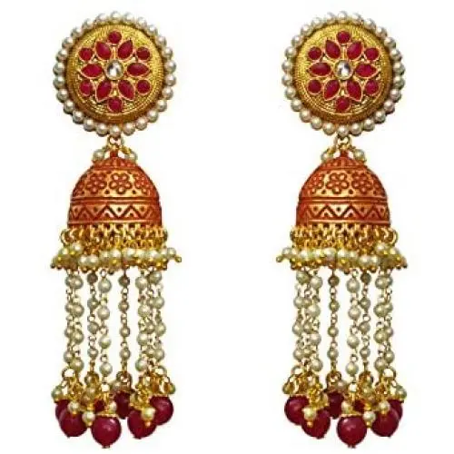 Babosa Sakhi Meenakari Jhumki Earring Indian Bollywood Rajasthani Jhumka Style Pearl Hangings with Polki Tops Red Meena Traditional Drops Dangler BBE50 Babosa Sakhi Meenakari Jhumki Earring Indian Bollywood Rajasthani Jhumka Style Pearl Hangings with Polki Tops Red Meena Traditional Drops Dangler BBE50
