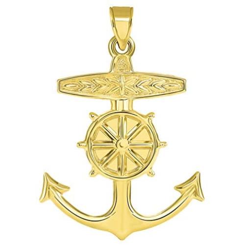 14k Yellow Gold 3D Ship Anchor and Wheel Nautical Pendant