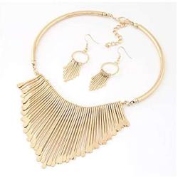 Juland Statement Bib Necklace with Golden Metal Fringe Drop Choker Necklace Earrings Set Fashion Bohemian Punk Ethnic Style for Women