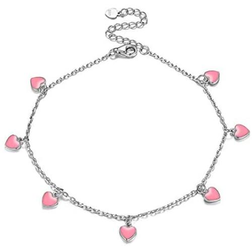 925 Sterling Silver Anklet, Pink Enamel Love Heart Ankle Bracelet Dainty Cute Boho Beach Ankle Bracelet Adjustable Ankle Foot Chain for Women Girls