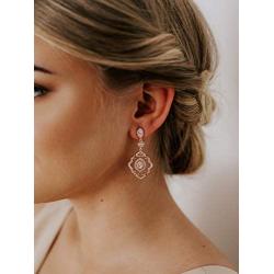 SWEETV Chandelier Wedding Earrings Rose Gold Bridal Earrings for Women Brides-Art Deco Drop Dangle Earrings