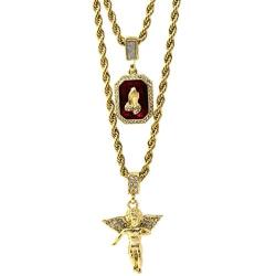 Jewel Town Mens Gold Angel & P Ruby Bundle Set Cz Pendant Hip Hop 24'' & 30'' Rope Chain D463