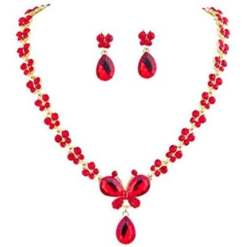 Brishow Red Rhinestone Bride Wedding Jewelry Set Bridal Crystal Necklace Earrings Set for Women and Girls (3 PCS)