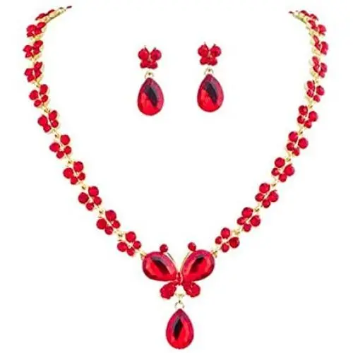 Brishow Red Rhinestone Bride Wedding Jewelry Set Bridal Crystal Necklace Earrings Set for Women and Girls (3 PCS)