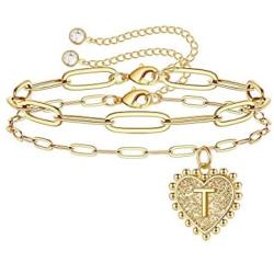 Ursteel Initial Bracelets for Women, 14K Gold Plated Dainty Layered Paperclip Chain Heart Letter Bracelets Personalized Gold Bracelets for Women Girls Jewelry Gifts