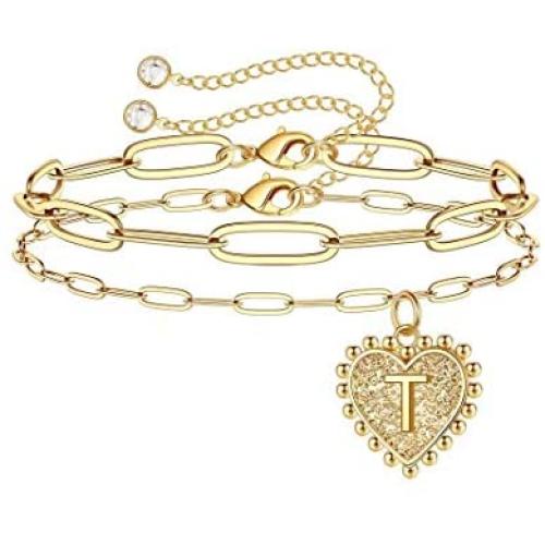 Ursteel Initial Bracelets for Women, 14K Gold Plated Dainty Layered Paperclip Chain Heart Letter Bracelets Personalized Gold Bracelets for Women Girls Jewelry Gifts