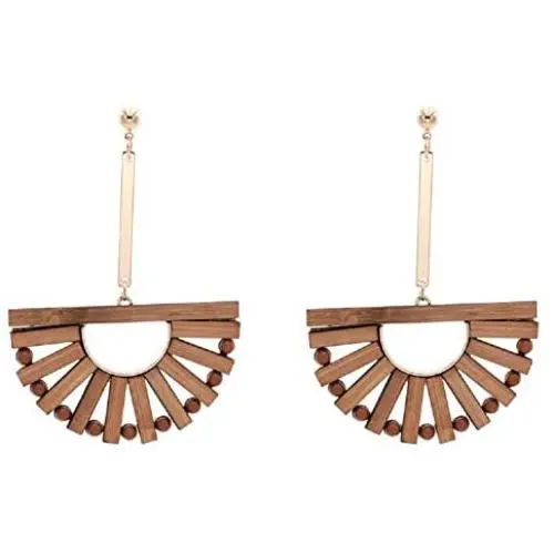 Tiande Fashion Wood Dangle Earrings Fan-Shaped Bamboo Needle Earrings Bohemian Personality Jewelry for Women Girls Mothers Day Gift