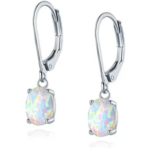 Opal Leveback Earrings Dangle White Rose Gold Plated for Women Girls Hypoallergenic 6x8mm
