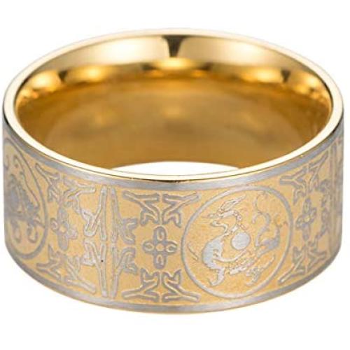 vfaejll Mens Stainless Steel Ring Vintage Chinese 4 Guardian Beasts Carved Metal Punk Biker Signet Band Rings for Men 10mm Black Gold Size 7-13