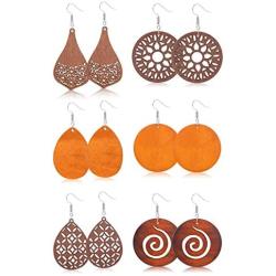ORAZIO 6 Pairs Wood Earrings for Women Statement Dangle Drop Earrings Ethnic Teardrop Wooden Earrings Jewelry Set