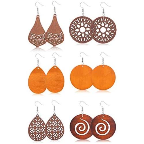 ORAZIO 6 Pairs Wood Earrings for Women Statement Dangle Drop Earrings Ethnic Teardrop Wooden Earrings Jewelry Set