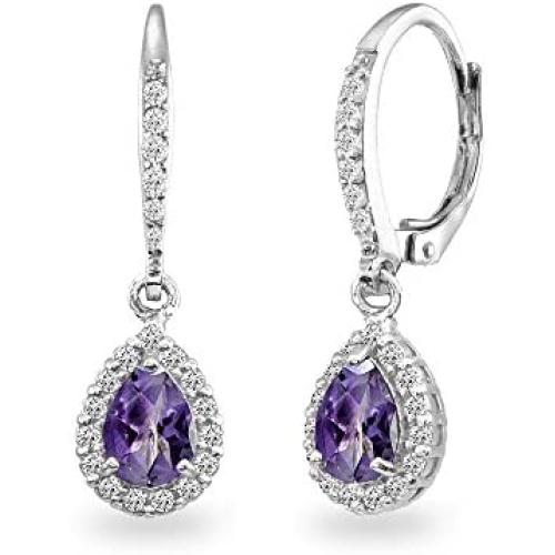 Sterling Silver Genuine or Synthetic Gemstone Teardrop Dangle Halo Leverback Earrings