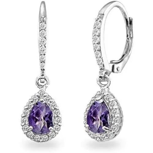 Sterling Silver Genuine or Synthetic Gemstone Teardrop Dangle Halo Leverback Earrings