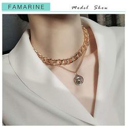 FAMARINE Gold Choker Layered Necklace for Women 4MM, Fashion Geometric Pandent 2 Layered Necklaces for Teen Girls Gift, 18K Gold Plated