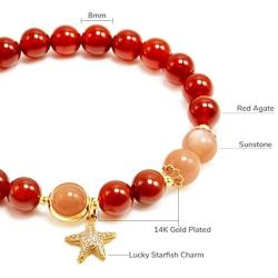 Rose&Poem Red Agate and Sunstone Crystal Bracelet, Lucky Starfish Charm, 14K Gold Plated Natural Handmade Stretch Beaded Bracelets, Spiritual Reiki Chakra Feng Shui Healing Gemstone Crystal Bead Divine Love Dainty Jewelry Gift