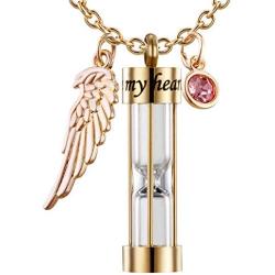 PREKIAR Cremation Urn Necklace for Ashes Timeless Hourglass Memorial Pendant Keepsake Jewelry for Human Pet Ashes with 12 Birthstone Angel Wing