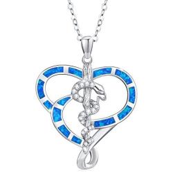 925 Sterling Silver with Blue Fire Opal Heart Shape Clearance Snake Necklace, Caduceus Nurse Pendant with Cubic Zirconia, Snake Jewelry Mother Day Gift for Women Nurse Doctor Medical Students with Gift Box