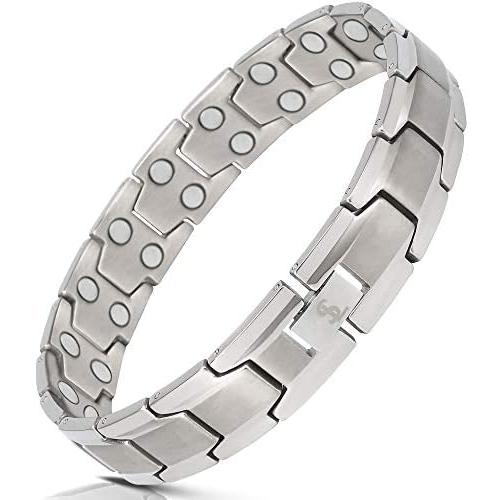 Elegant Mens Double Magnet Wide Titanium Magnetic Therapy Bracelet Pain Relief for Arthritis and Carpal Tunnel (Silver)