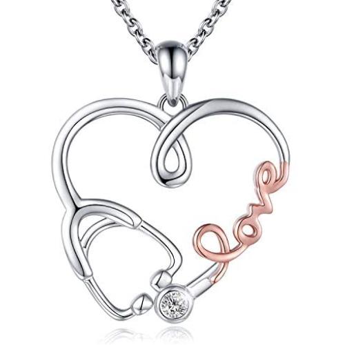APOTIE 925 Sterling Silver Stethoscope Heart Pendant Necklace Love Charm Jewelry Nurse Gifts for Doctor Nurse Graduation Medical Student