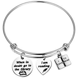 FUSTMW Book Lover Gifts I Love to Book Bracelet Bookworm Gift Librarian Gift Book Lovers Jewelry Gift for Reader Book Club When in Doubt Go to The Library