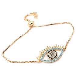 LESLIE BOULES 18K Gold Plated Evil Eye Bracelet for Women Adjustable Chain