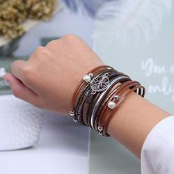 FANCY SHINY Tree of Life Leather Wrap Bracelet Inspirational Cuff Bangles Boho Pearl Bracelets with Magnetic Clasp Unique Jewelry Gifts for Women Teen Girls