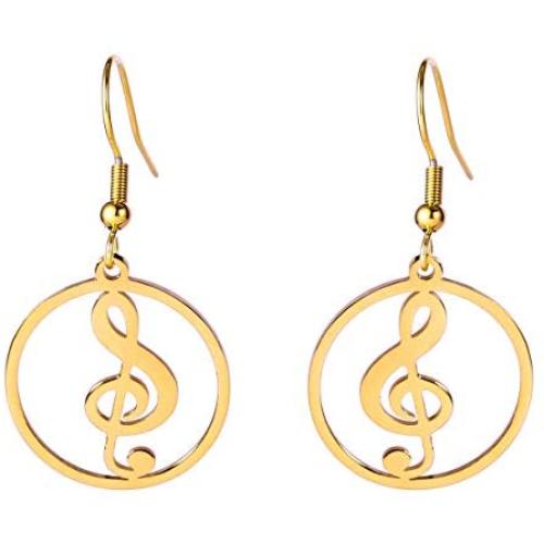 TEAMER Fashion Music Treble G Clef Dangle Earrings Stainless Steel Musical Note Round Pattern Hollow Out Drop Jewelry for Women Girls