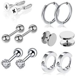 6 Pairs Stainless Steel Earrings for Mens Womens Screw Stud Earring Tiny Ball Stud Earrings Cartilage Earrings Endless Hoop Hugggie Earrings Ear Piercing Jewelry Hypoallergenic