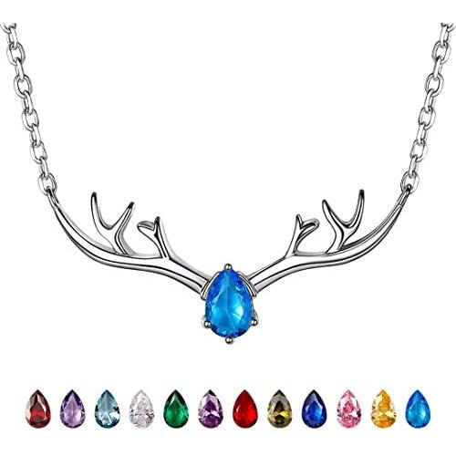 Antler Necklace 925 Sterling Silver Reindeer Animal Horn Jewelry Minimalist Style Clavicle Chain with Personalized Birthstone Charm Deer Antler Charm Necklaces