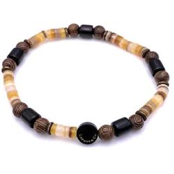 Mens Shell and Wood Mala Beads Stretch Bracelet Handcrafted in USA - Golden Brown