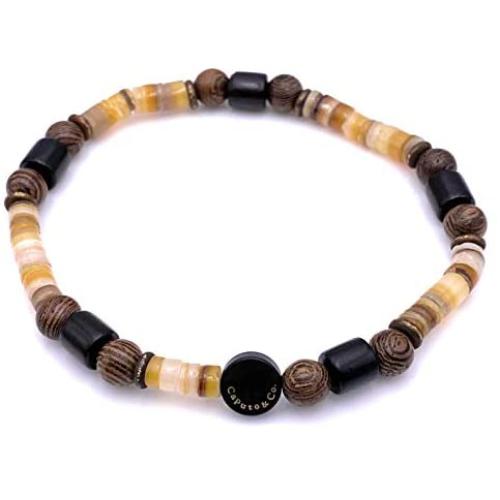Mens Shell and Wood Mala Beads Stretch Bracelet Handcrafted in USA - Golden Brown