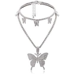 Statement Big Butterfly Pendant Chunky Chain Bling Bling Choker Necklace Dainty Double Layer Rhinestone Crystal Tennis Chain Tiered Collar Necklace for Women Girl Party Jewelry Gift