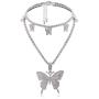 Statement Big Butterfly Pendant Chunky Chain Bling Bling Choker Necklace Dainty Double Layer Rhinestone Crystal Tennis Chain Tiered Collar Necklace for Women Girl Party Jewelry Gift