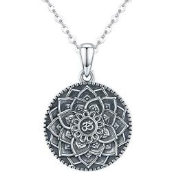 Om Lotus Mandala Necklace 925 Sterling Silver Ohm Aum Boho Yoga Necklaces for Women Open Filigree Flower of Life Necklace for Mom Viking Hippie Gifts Jewelry for Men