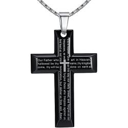 Aoiy Mens Stainless Steel Large Our Father Lords Prayer Cross Pendant Necklace, 23'' Chain