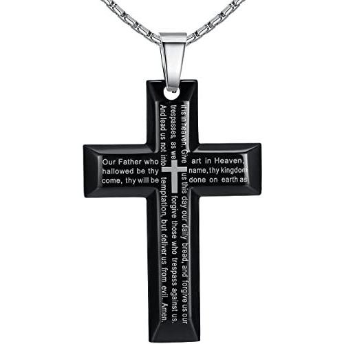 Aoiy Mens Stainless Steel Large Our Father Lords Prayer Cross Pendant Necklace, 23'' Chain