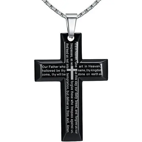 Aoiy Mens Stainless Steel Large Our Father Lords Prayer Cross Pendant Necklace, 23'' Chain Aoiy Mens Stainless Steel Large Our Father Lords Prayer Cross Pendant Necklace, 23'' Chain