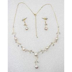 Faship Gorgeous CZ Crystal Freshwater Pearls Floral Necklace Earrings Set