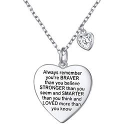 FLYOW Sterling Silver Always Remember You are Braver Than You Believe Jewelry Heart Pendant Necklace Inspirational Gifts for Daughter from Mom Dad